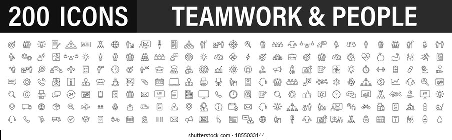 Set of 200 Teamwork web icons in line style. Team Work, people, support, business. Vector illustration