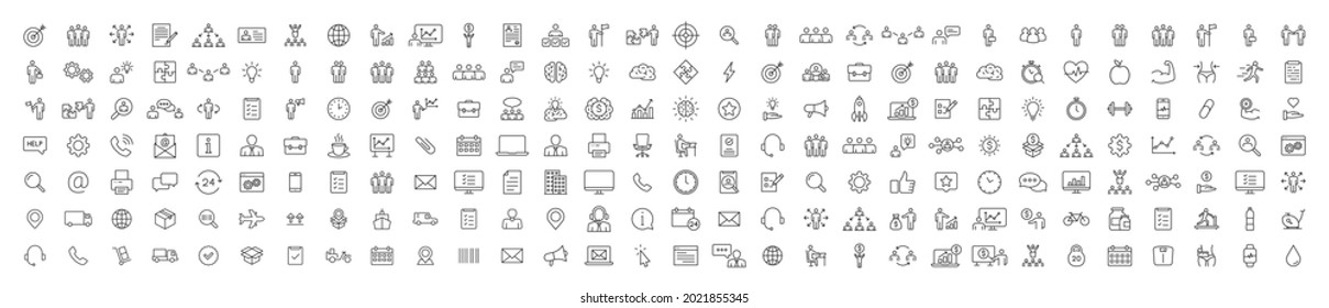 Conjunto de 200 iconos web de Teamwork en estilo de línea. Trabajo en equipo, personas, apoyo, negocios. Ilustración vectorial.