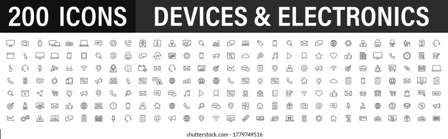 Set of 200 Technology and Electronics and Devices web icons in line style. Device, phone, laptop, communication, smartphone, ecommerce. Vector illustration.