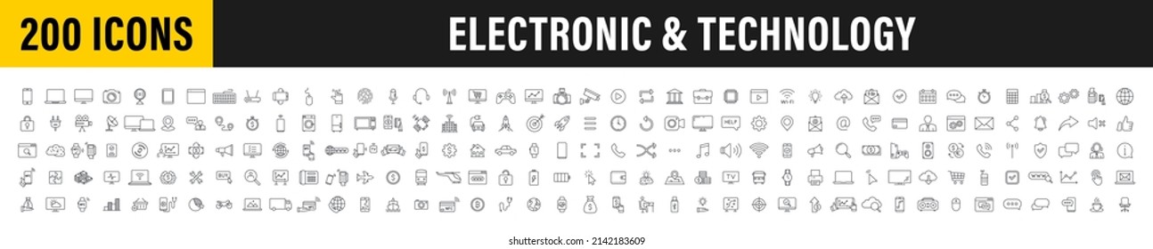 Conjunto de 200 iconos web de Tecnología y Electrónica y Dispositivos en estilo de línea. Dispositivo, teléfono, laptop, comunicación, smartphone, ecommerce. Ilustración vectorial.