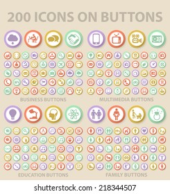 Set of 200 Universal Standard  Icons on Elegant Modern Three-dimensional Colored Circular Buttons on Colored Background (Multimedia, Business, Education and Family).