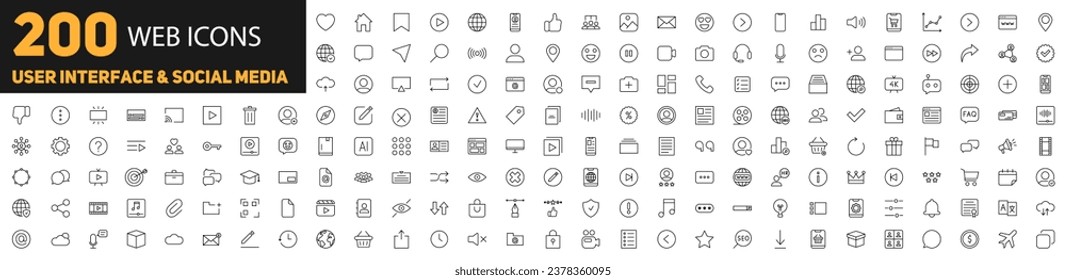 Conjunto de 200 iconos web. Interfaz de usuario e iconos de medios sociales. Estilo lineal. Ilustración del vector