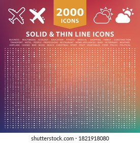 Set of 2000 High Quality Thin Line and Solid Icons . Isolated Vector Elements