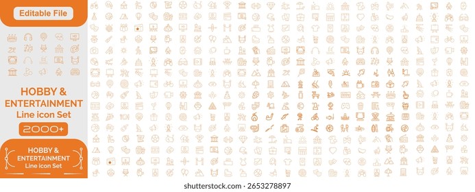 Conjunto de mais de 2000 hobby, entretenimento, estilo de vida linha ícones. Coleção de ilustrações finas de icons de estrutura de tópicos.Vetor. Conjunto de ícones de linha, Traçado editável