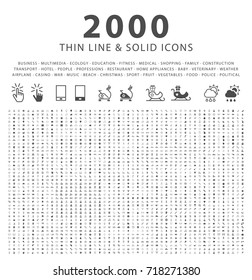 Set of 2000 Minimal and Solid Icons on White Background . Vector Isolated Elements