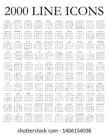 Conjunto de 2000 modernos iconos de línea delgada. Describa los signos aislados para móviles y web. Pictogramas de alta calidad. Iconos lineales conjunto de negocios, médicos, UI y UX, medios, dinero, viajes, etc.