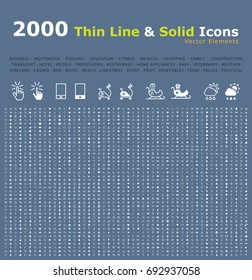 Set of 2000 Thin Line and Solid Icons . Isolated Elements