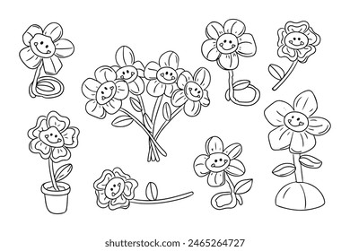 Set of 2000s style sketchy flower. Retro items in flat hand drawn contour style. Vector kids toys isolated on white background. Ideal for coloring pages, tattoo, pattern
