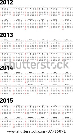 Set of 2012, 2013, 2014 and 2015 Calendar