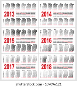 Set of 2013 1214 1215 1216 1217 1218 year, Calendar grid pocket vector