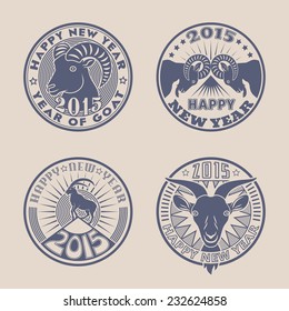 Set of 2015 Chinese New Years symbol goat vector logos design. Logotype templates and badges with goats, mountains, sun and stars. Product promotion and christmas and new year advertising symbols