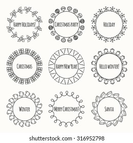 Set of 2016 Christmas season hand drawn vector line border and frame. Sketch scribble winter graphic element. New Year brushes for design. Illustration. Trendy doodle style. Scrapbook decorations.