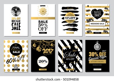 Set of 2017 Happy New Year Templates Sale Banners for Websites and Mobile Websites with black, white, gold colors. 
Trendy flat style with hand-lettering words.
Clearance, on-line shopping. Vector 