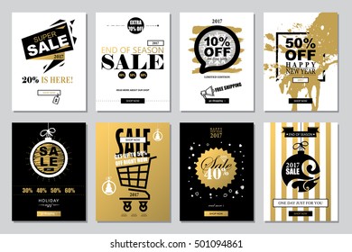 Set of 2017 Happy New Year Templates Sale Banners for Websites and Mobile Websites with black, white, gold colors. 
Trendy flat style with hand-lettering words.
Clearance, on-line shopping. Vector 