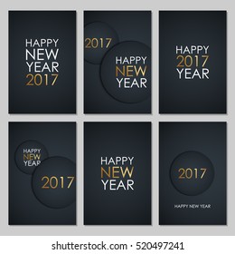 Set of 2017 Happy New Year greeting cards with golden colored elements and black background. Vector illustration.