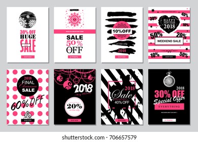 Set of 2018 Happy New Year Sale Banners Templates for on-line shopping with black, white, pink colors. 
Trendy flat style with hand-lettering words.
Vector 