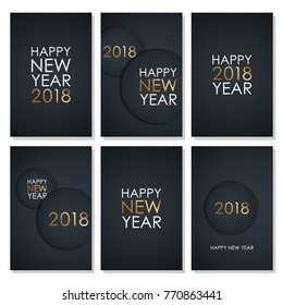 Set of 2018 Happy New Year celebrate flyers with golden colored elements and black background. Vector illustration.