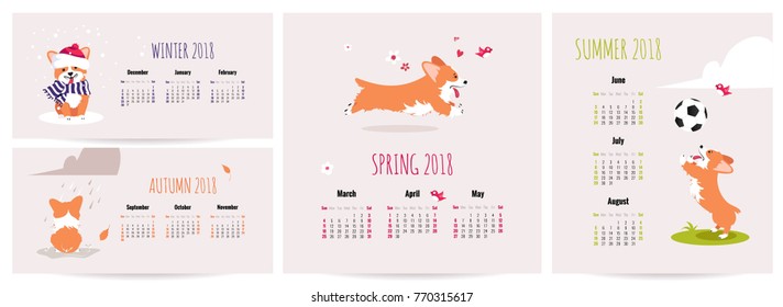 Set of 2018 monthly calendar posters with welsh corgi pembroke in cute cartoon style. Vector illustration