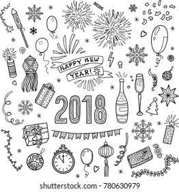 Set of 2018 New Year vector doodles. Hand drawn collection of isolated objects.