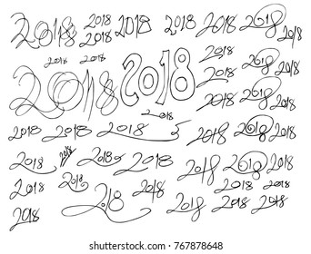 Set of 2018 number new year illustration Hand drawn doodle Sketch line vector