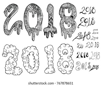 Set of 2018 number new year illustration Hand drawn doodle Sketch line vector