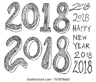 Set of 2018 number new year illustration Hand drawn doodle Sketch line vector