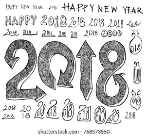 Set of 2018 number new year illustration Hand drawn doodle Sketch line vector