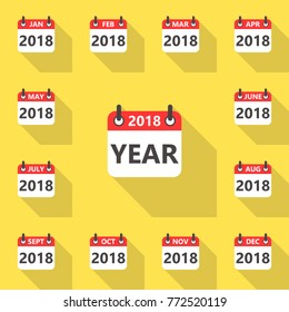 Set of 2018 year calendar icons. Flat style with long shadow.