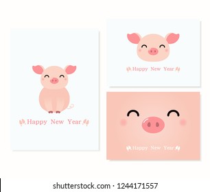 Set of 2019 Chinese New Year greeting cards with cute pigs with typography. Isolated objects on white background. Hand drawn vector illustration. Design concept for holiday banner, decorative element.