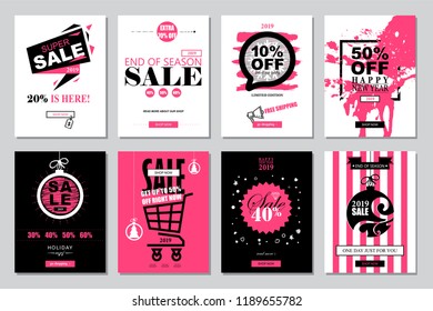 Set of 2019 Happy New Year Sale Banners Templates for on-line shopping with black, white, pink colors. 
Trendy flat style with hand-lettering words. Vector illustration