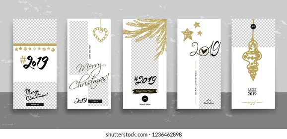 Set of 2019 Merry Christmas and Happy New Year Stories template. Streaming. Creative cards  in trendy style with Hand Drawn textures on transparent background for social media. Vector