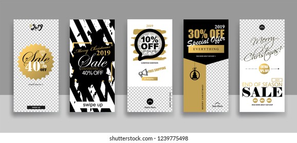 Set of 2019 Merry Christmas and Happy New Year Sale Stories template  with swipe up buttons. Streaming. Creative universal cards  in trendy style with Hand Drawn textures. 