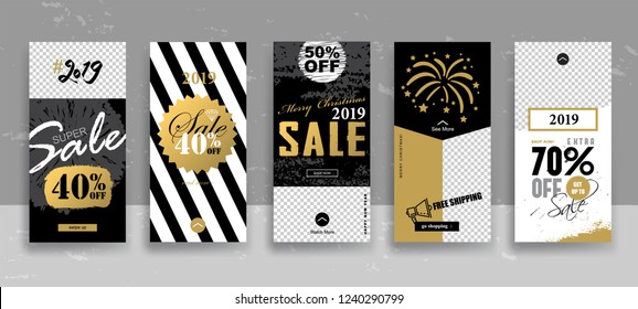 Set of 2019 Merry Christmas and Happy New Year Sale Stories template with swipe up buttons. Streaming. Creative universal cards  in trendy style with Hand Drawn textures. Vector