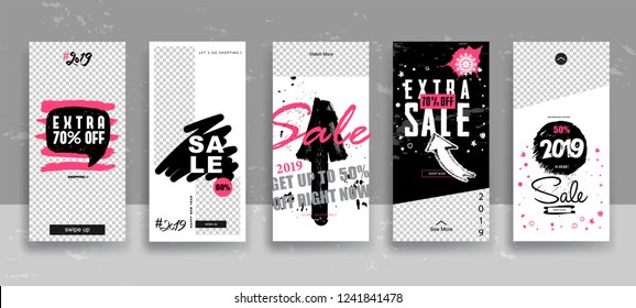 Set of 2019 Merry Christmas and Happy New Year Sale Stories template with swipe up buttons. Streaming. Creative universal cards  in trendy style with Hand Drawn textures. Vector