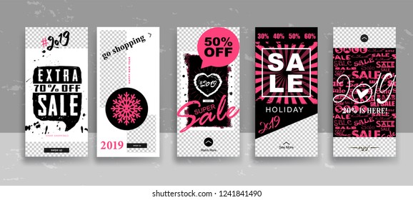 Set of 2019 Merry Christmas and Happy New Year Sale Stories template with swipe up buttons. Streaming. Creative universal cards  in trendy style with Hand Drawn textures. Vector