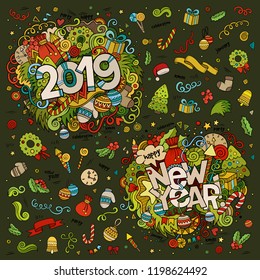 Set of 2019 and New Year hand lettering and doodles elements, symbols, objects background. Colorful vector graphic art illustration