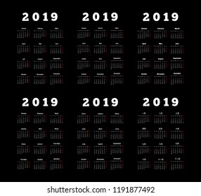 Set of 2019 year simple vertical calendars on different languages like english, german, russian, french, spanish and chinese on dark