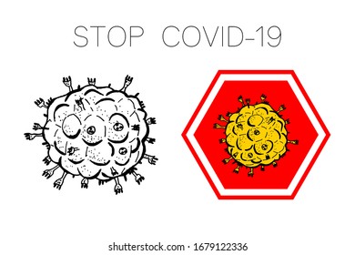 Conjunto de bacterias 2019-nCoV aisladas en fondo blanco. Coronavirus negro en rojo STOP símbolo vector icono. Enfermedad del virus de la corona bacteriana COVID-19. Símbolo del concepto de pandemia de SARS. Pandemia. Salud humana.