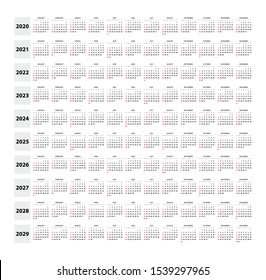 Set of 2020 - 2029 calendar week starts from sunday