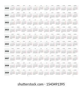 Set of 2020 - 2029 calendar week starts from Monday