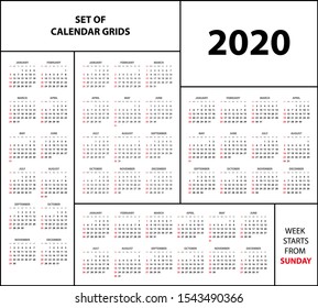 Set of 2020 calendar grids week starts from Sunday