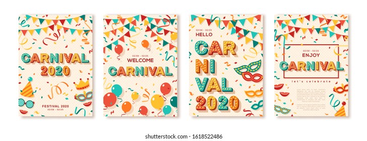 Set of 2020 Carnival cards or banners with typography design. Vector illustration with retro light bulbs font, streamers, confetti and hanging flag garlands. Place for text