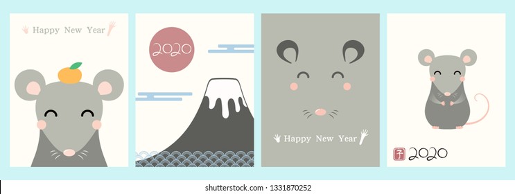 Set of 2020 Chinese New Year greeting cards with cute rats, numbers, text, red stamp with Japanese kanji for Rat. Hand drawn vector illustration. Design concept for holiday banner, decorative element.