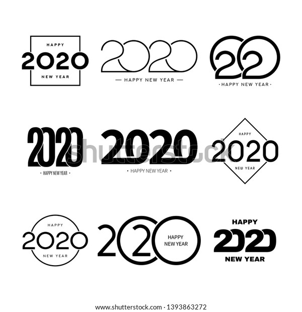 Set of 2020 happy new year signs. Collection of 2020 happy new year symbols. Vector illustration with black holiday labels isolated on white background.