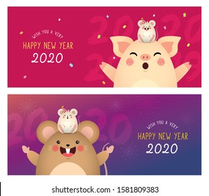 Set of 2020 New Year banner design. Good bye 2019 & welcome 2020. Cute cartoon mouse & pig celebrate new year. Year of the rat flat vector illustration.