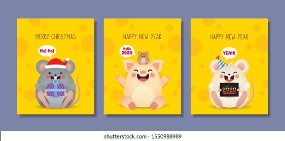 Set of 2020 New Year greeting card template. Cute cartoon white mouse & pig with speech bubble on yellow cheese background. Year of the rat flat vector illustration.