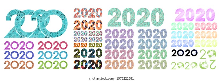 Set 2020 printed multicolored colorful numbers. New calendar year. Calendar design. Digital inscription two thousand and twentieth year of multicolored abstract patterns. Vector illustration.