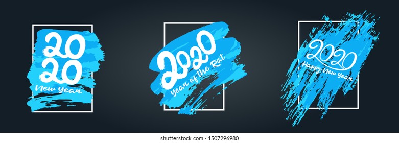 Set of 2020 typographic inscription on a blue background. Happy New Year 2020. Banner Happy New Year. Bright brush strokes. Creative collection