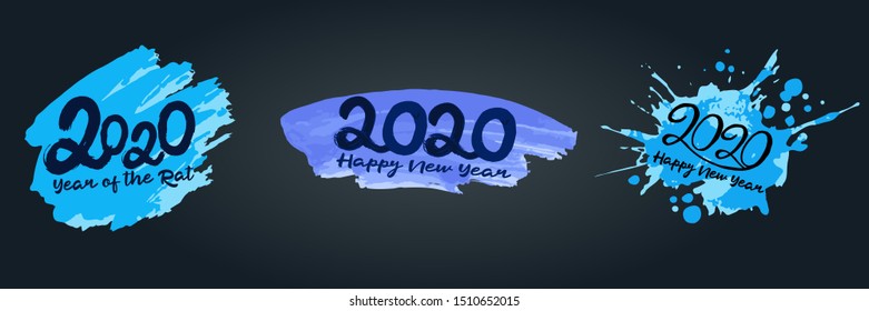 Set of 2020 typographic inscription on a blue background. Happy New Year 2020. Banner, flyer, Happy New Year. Bright brush strokes. Creative collection