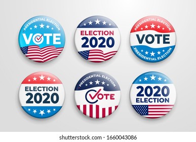 Set of 2020 United States of America presidential election button design. Voting 2020 Icon. Government, and patriotic symbolism and colors. Label vector illustration. Isolated on white background.